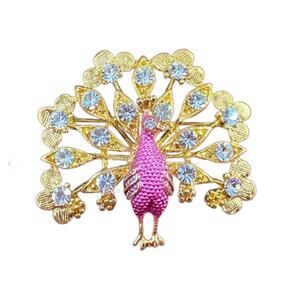 Vintage Pink Gold Tone Crystal Peacock Brooch 1.58"